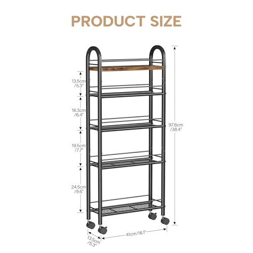 Slim Storage Cart, 5 Tier Narrow Utility Cart with Metal Frame and Wooden Top, Rolling Storage Organizer Shelving Unit for Kitchen, Dining Room, Living Room,Home Office, Vintage