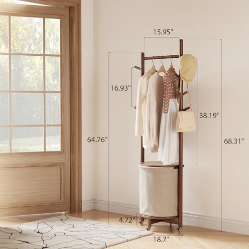 CycleCrew Solid Wood Coat Rack with Fabric Basket - Freestanding Coat Rack Rolling Coat Tree with 9 Hooks Wheels, Small Clothes Rack For Entryway Bedroom Hallway Living Room - color: Walnut Brown