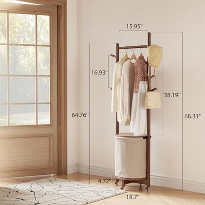 CycleCrew Solid Wood Coat Rack with Fabric Basket - Freestanding Coat Rack Rolling Coat Tree with 9 Hooks Wheels, Small Clothes Rack For Entryway Bedroom Hallway Living Room - color: Walnut Brown