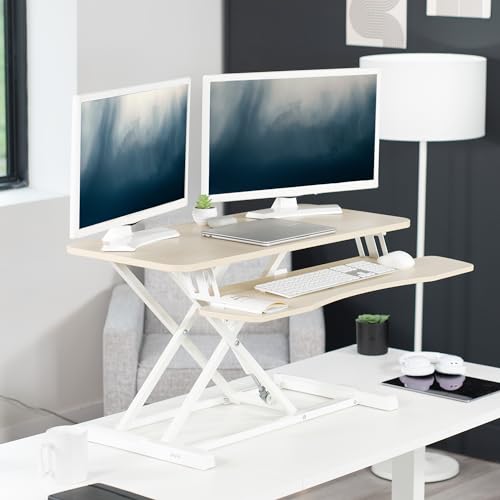 VIVO 36 inch Desk Converter, K Series, Height Adjustable Sit to Stand Riser, Dual Monitor and Laptop Workstation with Wide Keyboard Tray, Light Wood Top, White Frame, DESK-V036KF - color: Light Wood, size: 36"