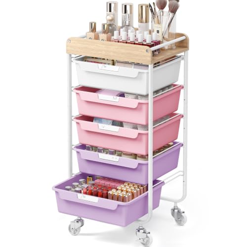 SYKIARIOL Utility Cart with 5 Labeling Drawers and Wooden Tabletop,Purple | Rolling Storage Cart for Crafters, Artists, Kids, Teachers, and Students – Organize Arts, Crafts, Sewing & Study Supplies - color: Dreamy Color, size: 5-Drawer