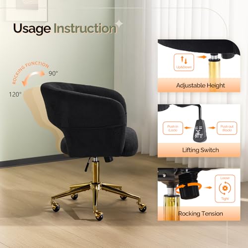 VINGLI Modern Curved Office & Vanity Desk Chair, Cute Upholstered Nail Chair with Wheels & 360° Swivel & Club & Tilting & Gold Base, for Bedroom, Living Room, Makeup, Velvet Chenille, Black - color: Black