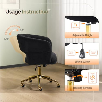 VINGLI Modern Curved Office & Vanity Desk Chair, Cute Upholstered Nail Chair with Wheels & 360° Swivel & Club & Tilting & Gold Base, for Bedroom, Living Room, Makeup, Velvet Chenille, Black - color: Black