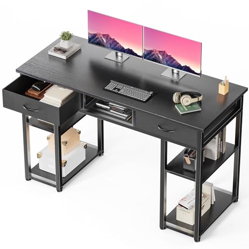 DUMOS 48-Inch Computer Desk with Drawers and Hook, Black | Home Office Desk for Bedroom, Gaming Writing Study Desk with Adjustable Feet - color: Black, size: 48-In