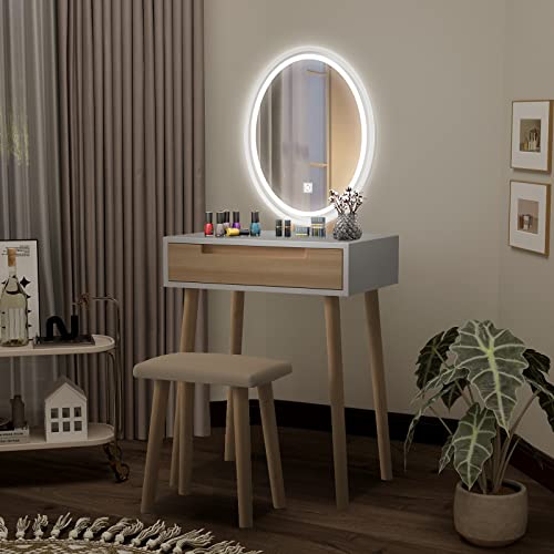 YOURLITE Makeup Vanity Table Set with 3 Modes Adjustable Lighted Mirror Cushioned Stool, Dressing Table for Small Space | 3 Lighting Modes, Adjustable Brightness, Cushioned Stool, Dressing Table, Compact Design, for Small Spaces - size: 24", style: Oval M