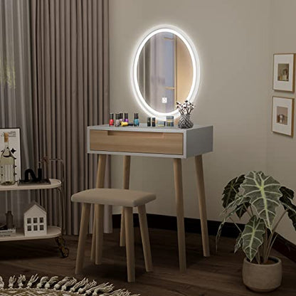 YOURLITE Makeup Vanity Table Set with 3 Modes Adjustable Lighted Mirror Cushioned Stool, Dressing Table for Small Space | 3 Lighting Modes, Adjustable Brightness, Cushioned Stool, Dressing Table, Compact Design, for Small Spaces - size: 24", style: Oval M