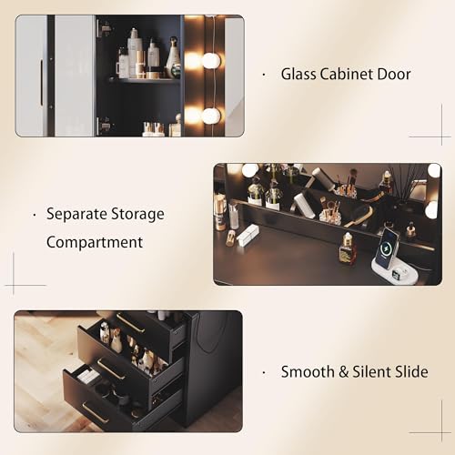 TOKSOM Makeup Vanity Desk with Mirror and Lights, 51" Makeup Vanity with Lights & Charging Station, Dressing Table Vanity Set for Bedroom, Vanity Table with 6 Drawers and 3 Cabinet Black - size: 51 inch, style: Modern Black