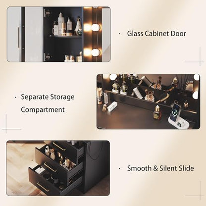 TOKSOM Makeup Vanity Desk with Mirror and Lights, 51" Makeup Vanity with Lights & Charging Station, Dressing Table Vanity Set for Bedroom, Vanity Table with 6 Drawers and 3 Cabinet Black - size: 51 inch, style: Modern Black