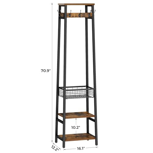 Coat Rack with Metal Basket and Storage Shelves | Coat Stand Freestanding, Hall Tree With and 7 Hooks, Clothes Rack Stand Organizer, Rustic Brown and Black - color: Rustic Brown and Black, style: 2 Shelves + 1 Basket