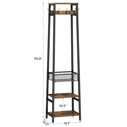 Coat Rack with Metal Basket and Storage Shelves | Coat Stand Freestanding, Hall Tree With and 7 Hooks, Clothes Rack Stand Organizer, Rustic Brown and Black - color: Rustic Brown and Black, style: 2 Shelves + 1 Basket