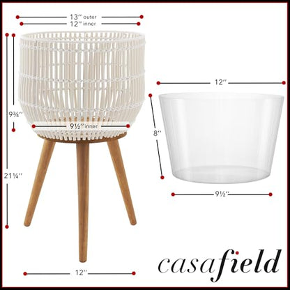 Casafield Indoor Planter with Stand, White Floor Planter with Wood Legs, Large Plant Pot Cover with Liner for Houseplants, Flower Pots and Trees - color: White With Natural Legs