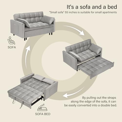 3 in 1 Convertible Sleeper Sofa Bed, Velvet Loveseat Futon Pull-Out Couch with Adjustable Reclining Backrest, Side Pockets and Pillows for Living Room, Bedroom, Apartment, Small Spaces (Gray-Velvet) - color: Gray-velvet