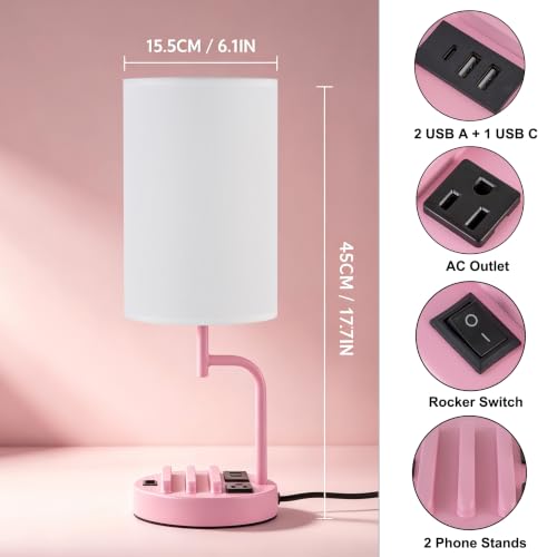 Dreamholder 2 Pack Table Lamp, Bedside Lamp with 3 USB Charging Ports & AC Outlet, USB Desk Lamp with 2 Phone Holders, Linen Fabric Shade Nightstand Lamps for Bedroom Living Room Office, Baby Pink - color: Baby Pink