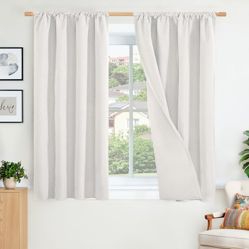 BGment Linen 100% Blackout Curtains for 45 Inch Length for Bedroom, Short Room Darkening Drapes with Rod Pocket Thermal Insulated for Living Room Privacy, Greyish White, 2 Panels, Each 42 Inch Wide - color: Greyish White, size: 42"W x 45"L (Pack of 2)