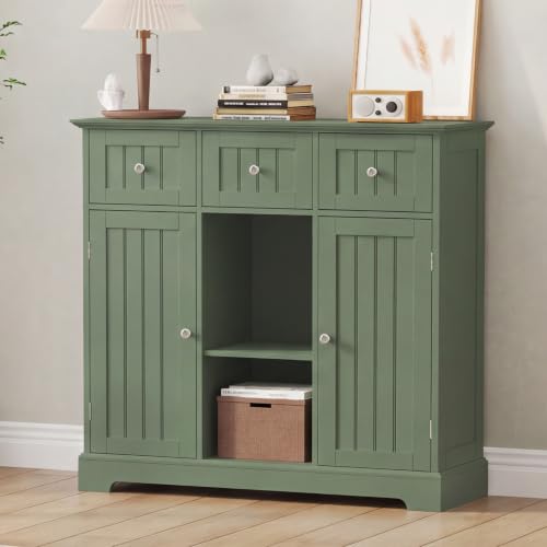 ChooChoo 35.4" Coffee Bar Cabinet with 3 Drawers and 2 Doors, Green | Buffet Cabinet with Adjustable Shelves, Storage Cabinet for Compact Kitchens, Dining rooms and Living rooms - color: Green
