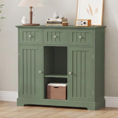 ChooChoo 35.4" Coffee Bar Cabinet with 3 Drawers and 2 Doors, Green | Buffet Cabinet with Adjustable Shelves, Storage Cabinet for Compact Kitchens, Dining rooms and Living rooms - color: Green