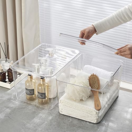 4Extra Large Lidded Plastic container , Clear Stackable Storage Boxes for Cabinets, Organization and Storage for Shelves Office Bathroom (4Extra Large) - size: 4Extra Large