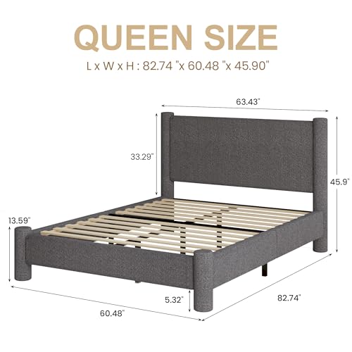 REVOMINCA Queen Boucle Bed Frame with Headboard & Footboard, Dark Grey | Upholstered platform frame has soft rounded corners, requires no box spring, and is easy to assemble. - color: Dark Grey, size: Queen