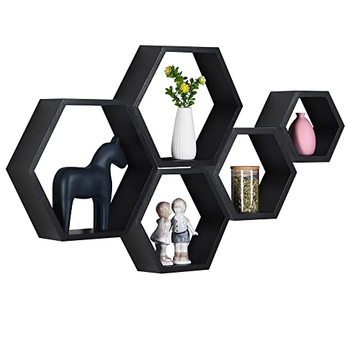 Hexagon Shelves,Floating Wall Shelf,Honeycomb Octagon Cube Shelves Wood | Decorative Shelf Wall Mounted Hanging Storage Display for Bathroom Kitchen Living Room Office Decor,Set of 5,Rustic Black - color: Rustic Black, size: 5PCS