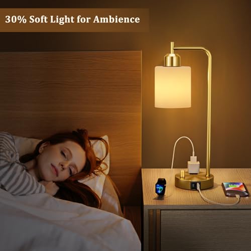Innqoo Gold Lamp for Bedroom - Industrial Bedside Table Lamp with USB Port and Outlet, Fully Dimmable Nightstand Lamp with Opal Glass Shade, Small Desk Lamps for Home Office - color: Gold Base&Opal Shade