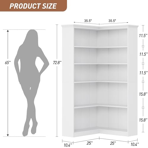 IDEALHOUSE Corner Bookshelf 72.8in Farmhouse Bookcase Large Bookshelves Wood Bookcase Tall 5 Tier Corner Shelf L Shaped Bookshelf Storage Display Rack Living Room Bedroom (White, Full Panel) - color: Full Back Panel White, size: Full Panel