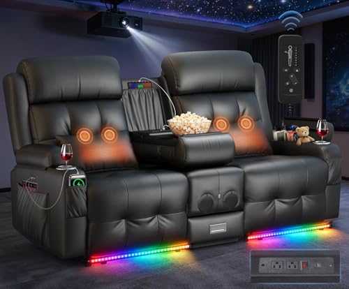 Home Theater Seating, Power Loveseat Recliner Sofa with Massage & Heat | Wall Hugger Reclining Loveseat with USB, RV Couch with LED Lights, Flip Backrest, Cup Holders for Movie Theater, Gaming Room - color: Black, size: 72" - 2 Seats