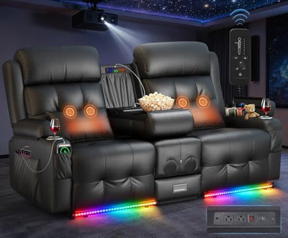 Home Theater Seating, Power Loveseat Recliner Sofa with Massage & Heat | Wall Hugger Reclining Loveseat with USB, RV Couch with LED Lights, Flip Backrest, Cup Holders for Movie Theater, Gaming Room - color: Black, size: 72" - 2 Seats