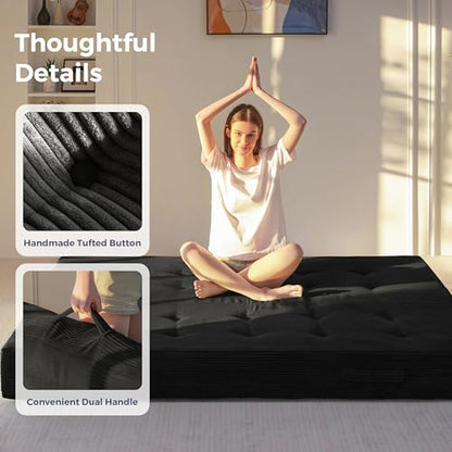 MAXYOYO Foldable Mattress, 8-Inch Tufted Futon Mattress with Handles | Tufted Floor Sofa Bed and Versatile Mattress, Carry Handles for Living Rooms or Guest Rooms, Frame Not Included, Black - color: Black