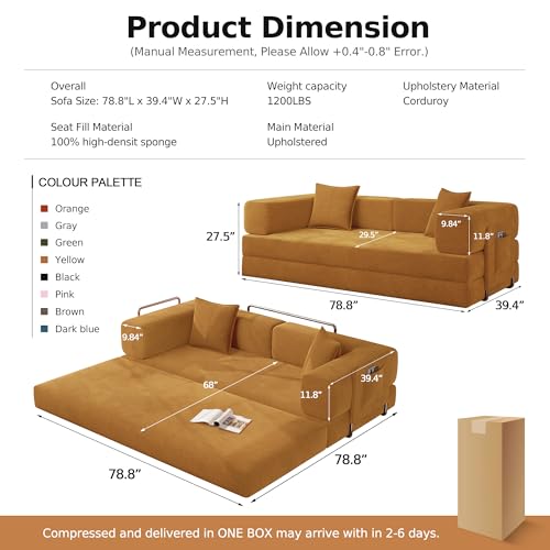 MoonSpeak 78.8'' Futon Sofa Bed, Boneless Couches for Living Room | Corduroy Convertible Futon Sofa Bed with Storage Pocket, Modular Sleeper Couch in a Box, No Assembly (Yellow) - color: Yellow, size: 78.8inch
