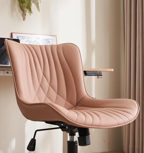 YOUTASTE Pink Modern Office Chair, Faux Leather Armless Desk Chair with Wheels, Height Adjustable, Swivel, Rocking, 300 lbs Capacity, Metal Base, for Home Office Vanity - color: Nude Pink