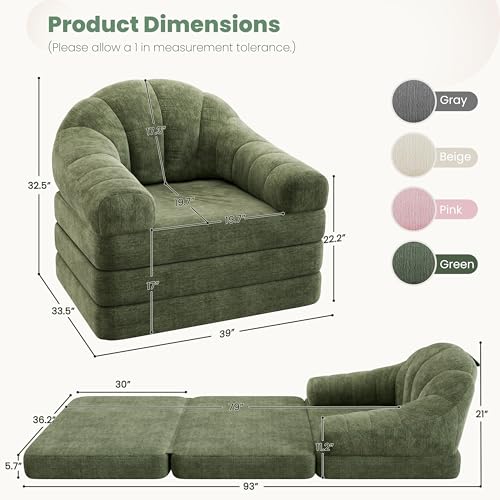 Yaheetech 93" Folding Sofa Bed Convertible Sofa Chenille, Green | Foldable Sofa Bed Convertible Chair Sleeper Chenille Couch with Handle, U-Shape Support for Living Room, Bedroom, Apartment - color: Green