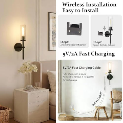 Shenmoyl Battery Operated Wall Sconces Set of 2, Black Rechargeable Wall Lighting Fixtures, Dimmable Wall Lights with Remote & Clear Glass Shade for Living Room, Bathroom,Bedroom - color: Black - Clear Glass