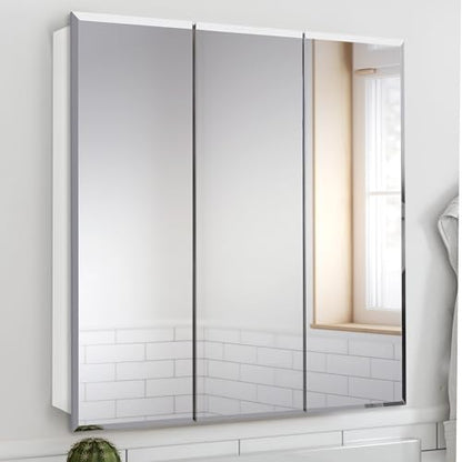 Design House Cyprus 30-in. Wide Medicine Cabinet, 3 Frameless Mirrored Doors, 2 Adjustable Shelves, Pre-Assembled, Surface or Recess Mounted, White, 30.0 in. W x 4.4 in. D x 30.0 in. H, 59749 | Adjustable Shelves, Wall Mount, Contemporary/Modern, Wood, Ba