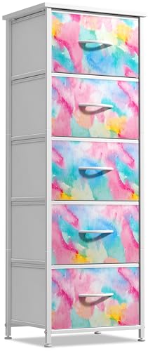 Sorbus Kids Dresser with 5 Drawers - Storage Chest Organizer Nightstand - Steel Frame, Wood Top, Tie-Dye Fabric Bins for Clothes - Wide Furniture for Bedroom, Hallway, Nursery, Closet, & Apartment - color: Rainbow Sparkle, style: 5 Drawer