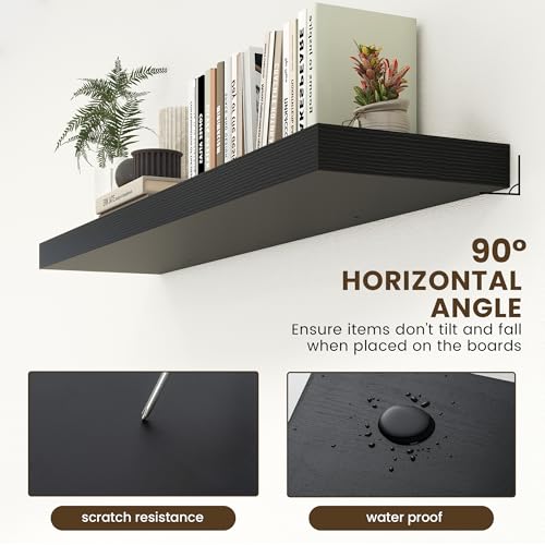 Deep Floating Shelves, 55'' x 12'' Black Shelves for Wall Set of 1 | Invisible Brackets, Engineered Wood, Mounting Hardware Included, 55LBS, Bathroom, Laundry Room, Kitchen, Living Room - color: Black, size: 55W x 12D x 2H, 1 Pack