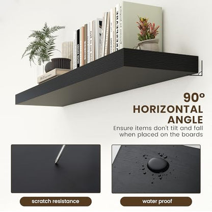 Deep Floating Shelves, 55'' x 12'' Black Shelves for Wall Set of 1 | Invisible Brackets, Engineered Wood, Mounting Hardware Included, 55LBS, Bathroom, Laundry Room, Kitchen, Living Room - color: Black, size: 55W x 12D x 2H, 1 Pack