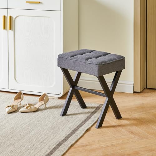 IBUYKE Square Makeup Stool with X-Leg, Linen Vanity Chair, Dark Gray LG-70G | Footrest Ottoman Seat Multi-Use Small Side Table Bedroom Living Room - color: Dark Grey, size: 17.72"-Linen