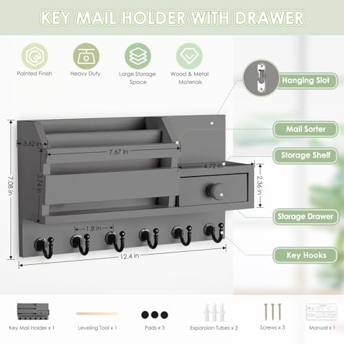 VIS'V Key Holder Wall Mount, Wooden Mail and Key Organizer, Gray | Contains Little Drawer, Small Shelf, 2 Slots, 6 Hooks, for Entryway, Hallway, Doorway, Kitchen, Garage, RV - color: Gray