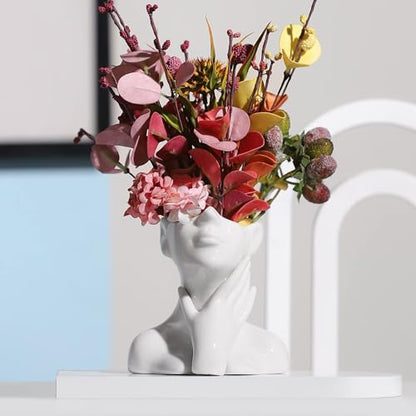 XSMXLNKWL Ceramic Face Vase White Flower Vase for Decor, Female Face Vase Art, Modern Decorative Vase Centerpiece for Table, Shelf, Living Room, Office, Bedroom, Small - style: Face Vase - Stroking the Neck