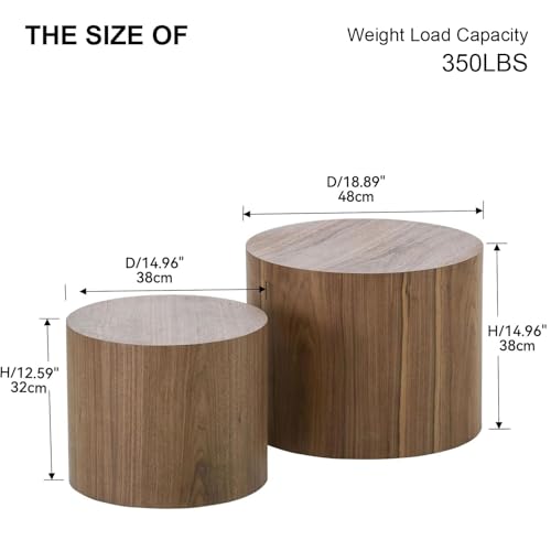 Nesting Coffee Table Set of 2, Modern Round Coffee Table with Non-Slip Feet, Walnut Wooden Circle Accent Tables for Small Spaces Living Room Bedroom Balcony Office Drum Side Table (Walnut) - color: Walnut