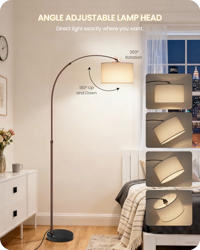 75" Arc Floor Lamp with Marble Base and Adjustable Height, Rotating Hanging Shade, Dimmable Floor Lamp for Living Room with Remote and Foot Switch, 3CCT, Over Couch Arched Light, White Brown VW15LD05 - color: Brown + White