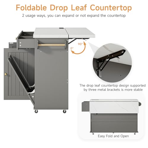 60" Kitchen Island with Power Outlet & Drop Leaf, Rolling Island with Spice Rack & Towel Rack, Kitchen Island Cart with Trash Storage Cabinet, Island Table for Kitchen, Grey+Imitation Marble - color: Grey+imitation Marble
