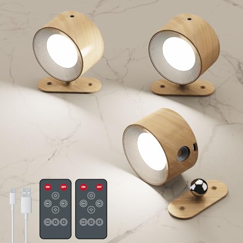 AKSDA 3Pack Battery Operated Wall Sconce, 3 Color Modes 3 Brightness Levels 360°Rotation Lighting Timer Touch & Remote Control, Wall Mounted Lamp LED Wall Lights for Bedroom Reading Bedside (Wood) - color: Wood-3PC