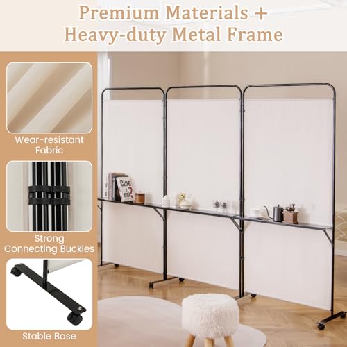 GOFLAME 3 Panel Room Divider with Storage Shelves, 6FT Folding Privacy Screen with Lockable Wheels, Portable Rolling Wall Divider, Freestanding Partition Screen for Room Separation, Beige - color: Beige
