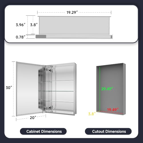 Medicine Cabinet Mirror 20"W x 30"H, Bathroom Beveled Edge Mirror Cabinet | Medicine Cabinets with Adjustable Glass Shelves, Soft-Closed Hinge, Chrome Aluminum Frame, Reverse Installation - size: 20" x 30"(Beveled)