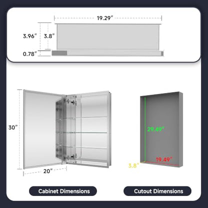 Medicine Cabinet Mirror 20"W x 30"H, Bathroom Beveled Edge Mirror Cabinet | Medicine Cabinets with Adjustable Glass Shelves, Soft-Closed Hinge, Chrome Aluminum Frame, Reverse Installation - size: 20" x 30"(Beveled)
