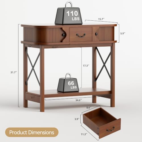 39'' Narrow Console Table, 2-Tier entryway Sofa Table，Walnut | Narrow Console Table with Drawer & Cabinets; Sturdy X-Frame, Slim Wood for Entryway, Hallway, Living Room & Behind Couch - color: Walnut