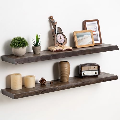 Fun Memories Solid Elm Wood Live Edge Floating Shelves for Wall, 36 x 8 Inch Rustic Wall Shelves Set of 2 with Invisible Brackets for Living Room Bedroom Kitchen, Walnut - color: Walnut Finish, size: 36", 2-Pack