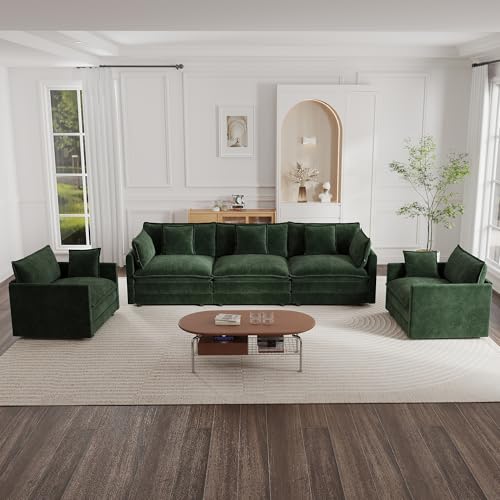 Luxury 3 Piece Sofa Set, 2 Pieces of Single Sofa and 1 Piece of 3 Seater Sofa, Modern Chenille Comfy Cloud Couches Set with 7 Pillows for Living Room Office, Evergreen - color: Evergreen, size: 3+1+1