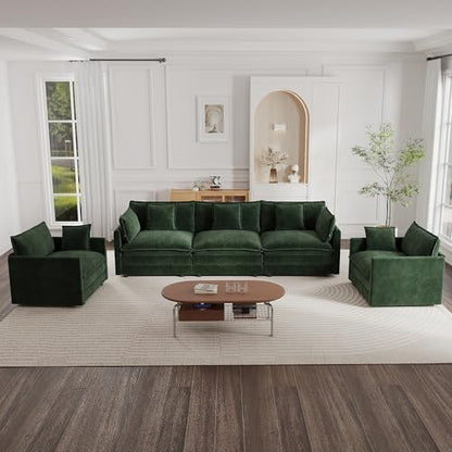 Luxury 3 Piece Sofa Set, 2 Pieces of Single Sofa and 1 Piece of 3 Seater Sofa, Modern Chenille Comfy Cloud Couches Set with 7 Pillows for Living Room Office, Evergreen - color: Evergreen, size: 3+1+1